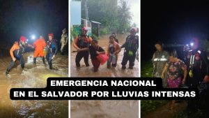 Guardavidas de Protección Civil evacuan familias afectadas por desbordamientos de afluentes en El Salvador.