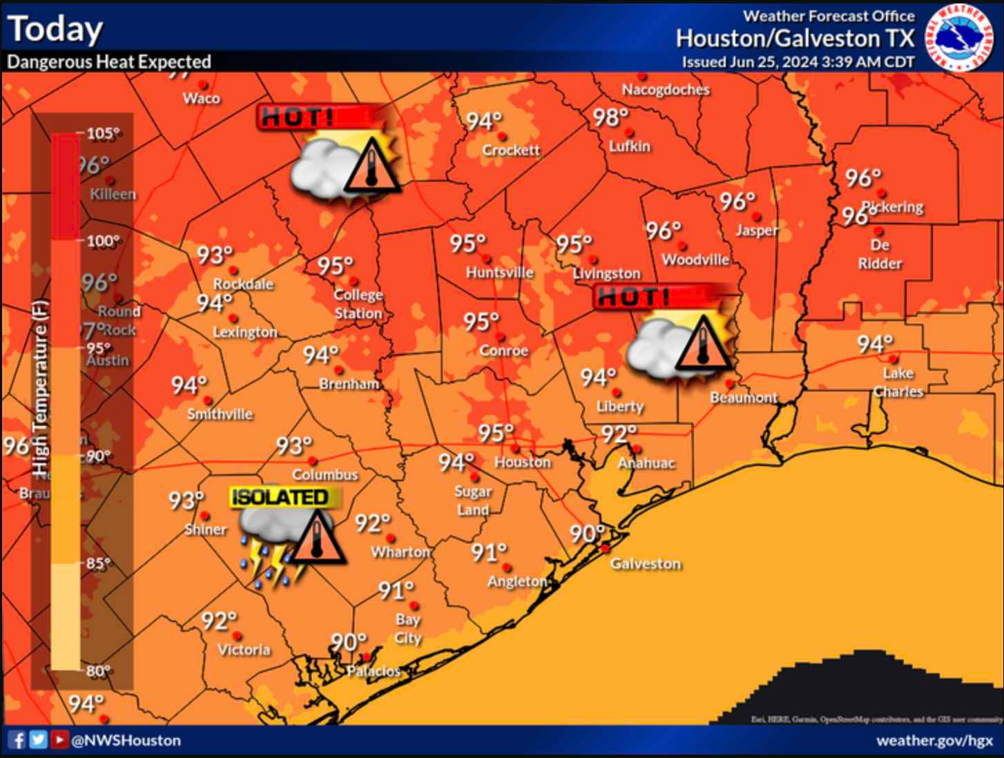 Advertencia de calor en Houston hasta las 8:00 PM con temperaturas de hasta 95°F.