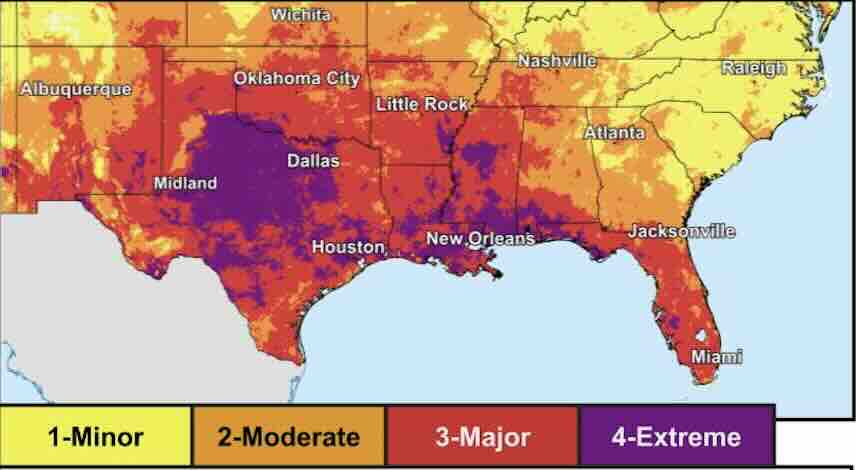 Una ola de calor extrema afecta al sur de EE. UU., con temperaturas que superan los 100°F y altos índices de calor.