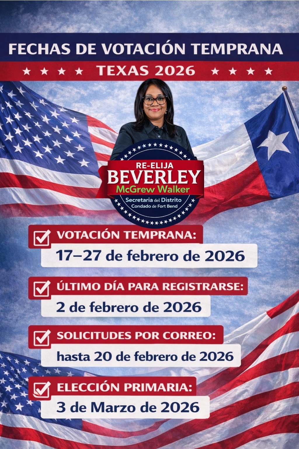 Mujer sosteniendo un cartel de campaña de Beverley Walker, candidata a secretaria de distrito, con fondo de logotipos de Fort Bend Democrats.