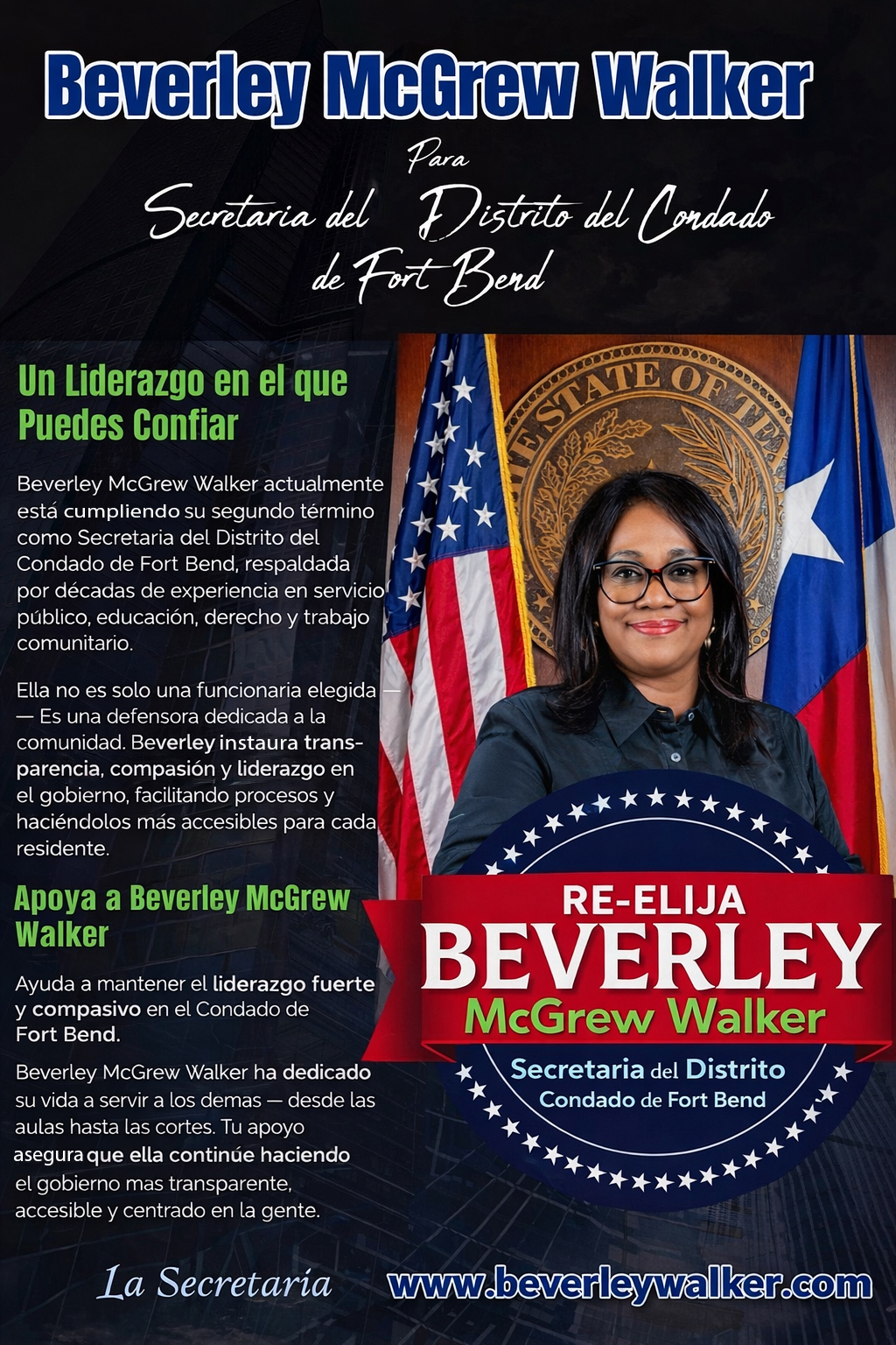 Campaña de reelección para Beverley McGrew Walker como Secretaria del Tribunal del Condado de Fort Bend