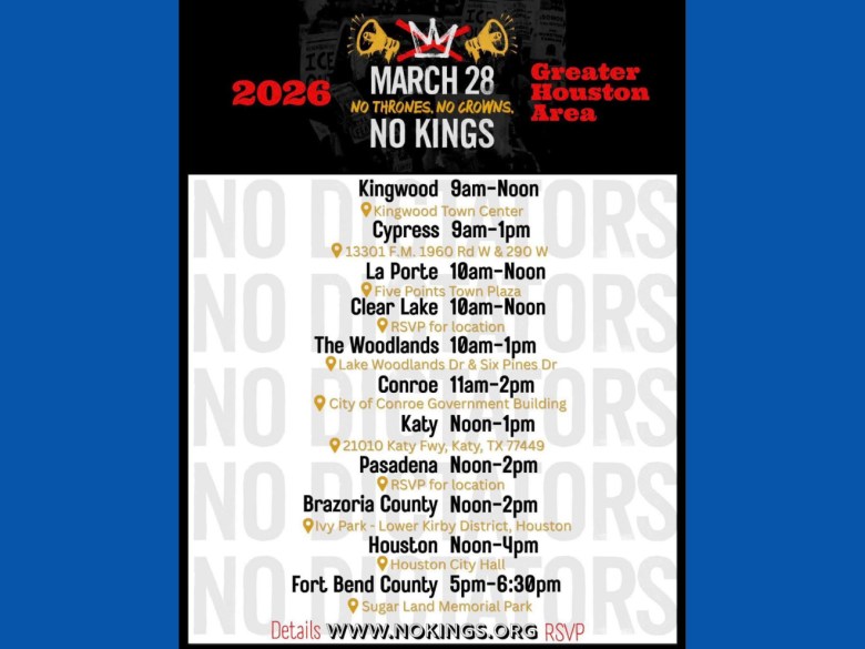 No Kings Houston schedule March 28 2026