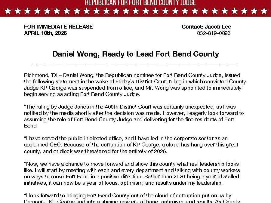 Daniel Wong Asume Como Juez Interino de Fort Bend Tras la Suspensión de KP George: ¿Por Qué Es Tan Controversial?