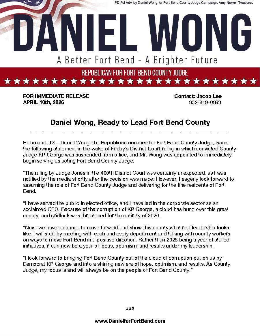 Comunicado de prensa de Daniel Wong - Nuevo Juez Interino del Condado de Fort Bend