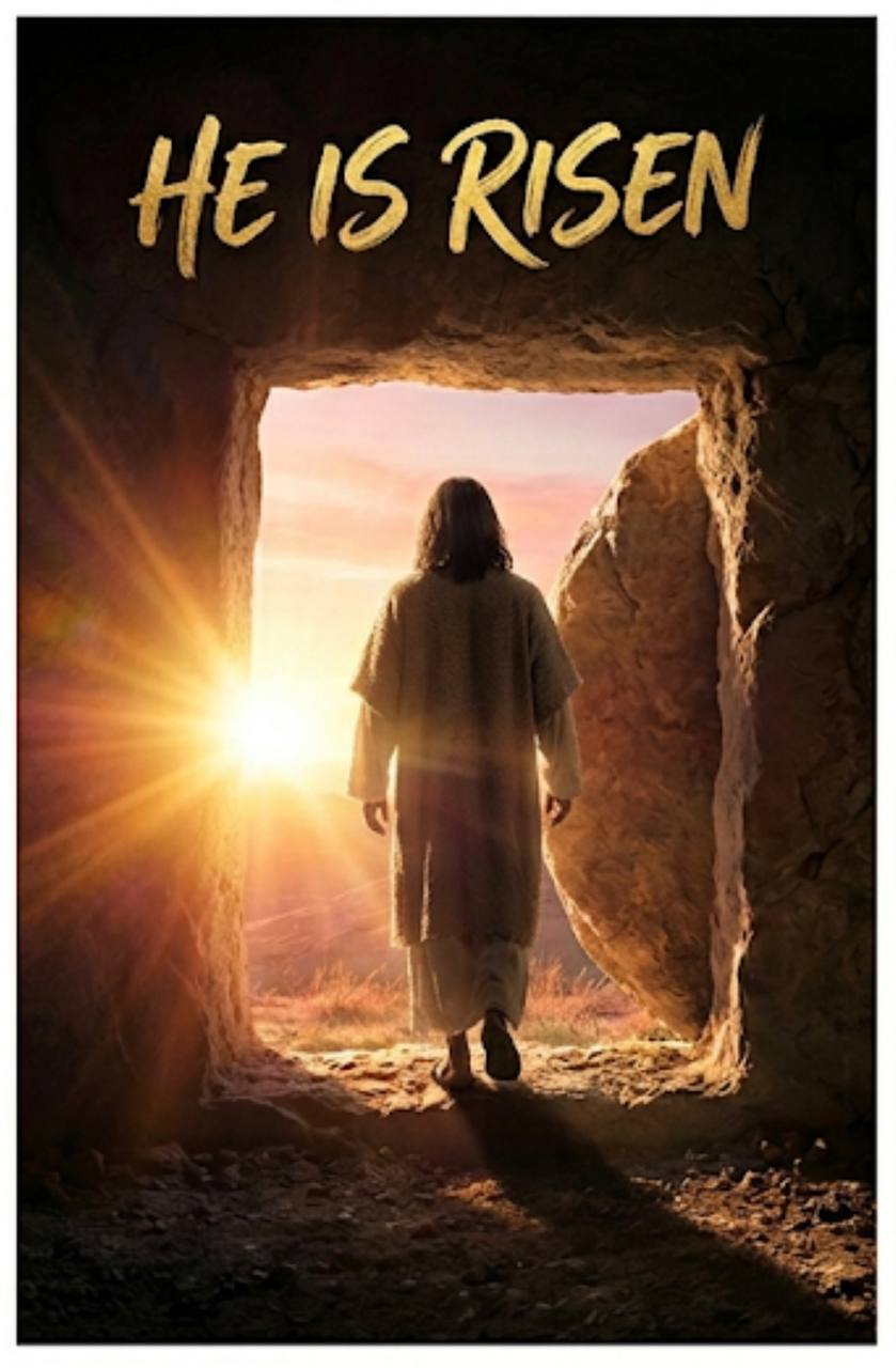 Jesús saliendo de la tumba con la inscripción He Is Risen - Ha Resucitado