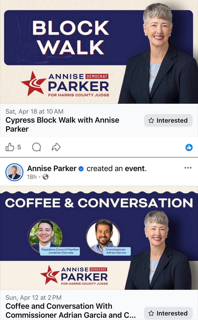 Captura de pantalla de Facebook mostrando dos eventos de campaña de Annise Parker: Cypress Block Walk el 18 de abril y Coffee and Conversation el 12 de abril