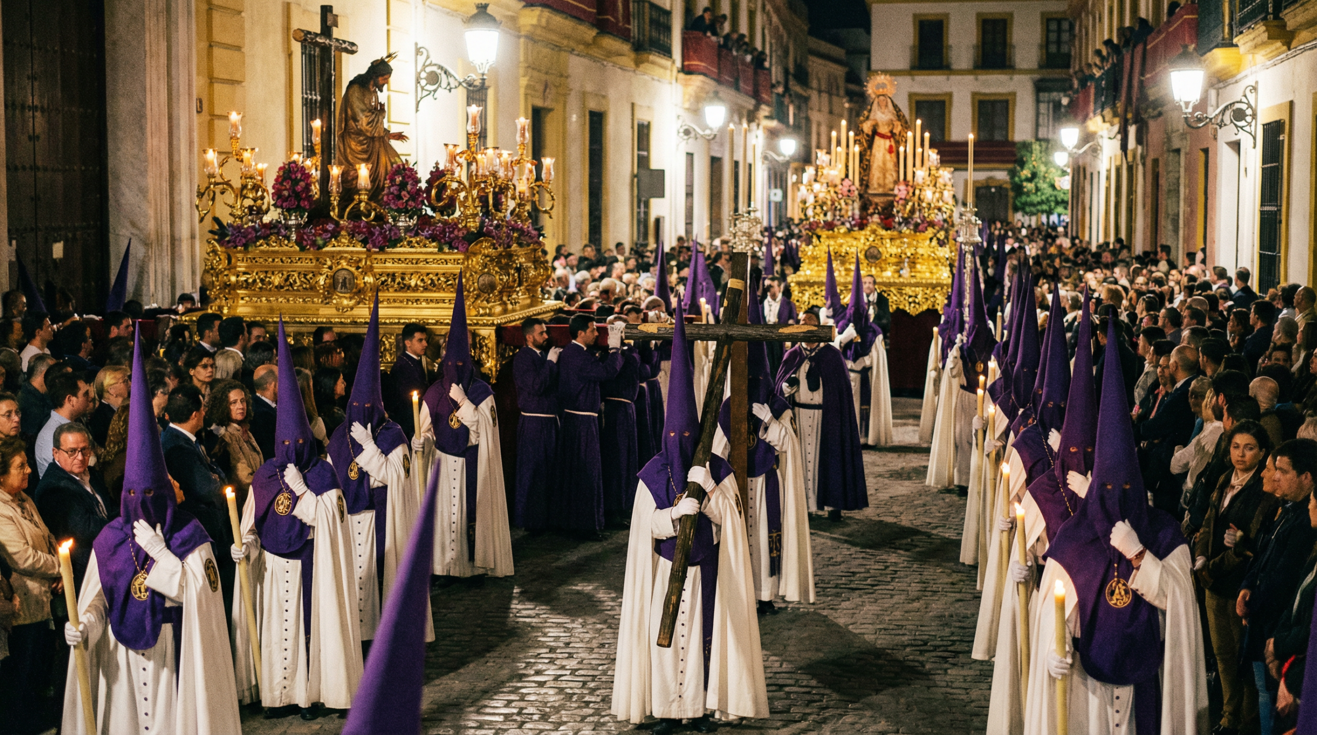 Procesión solemne de Viernes Santo en las calles empedradas de una ciudad española