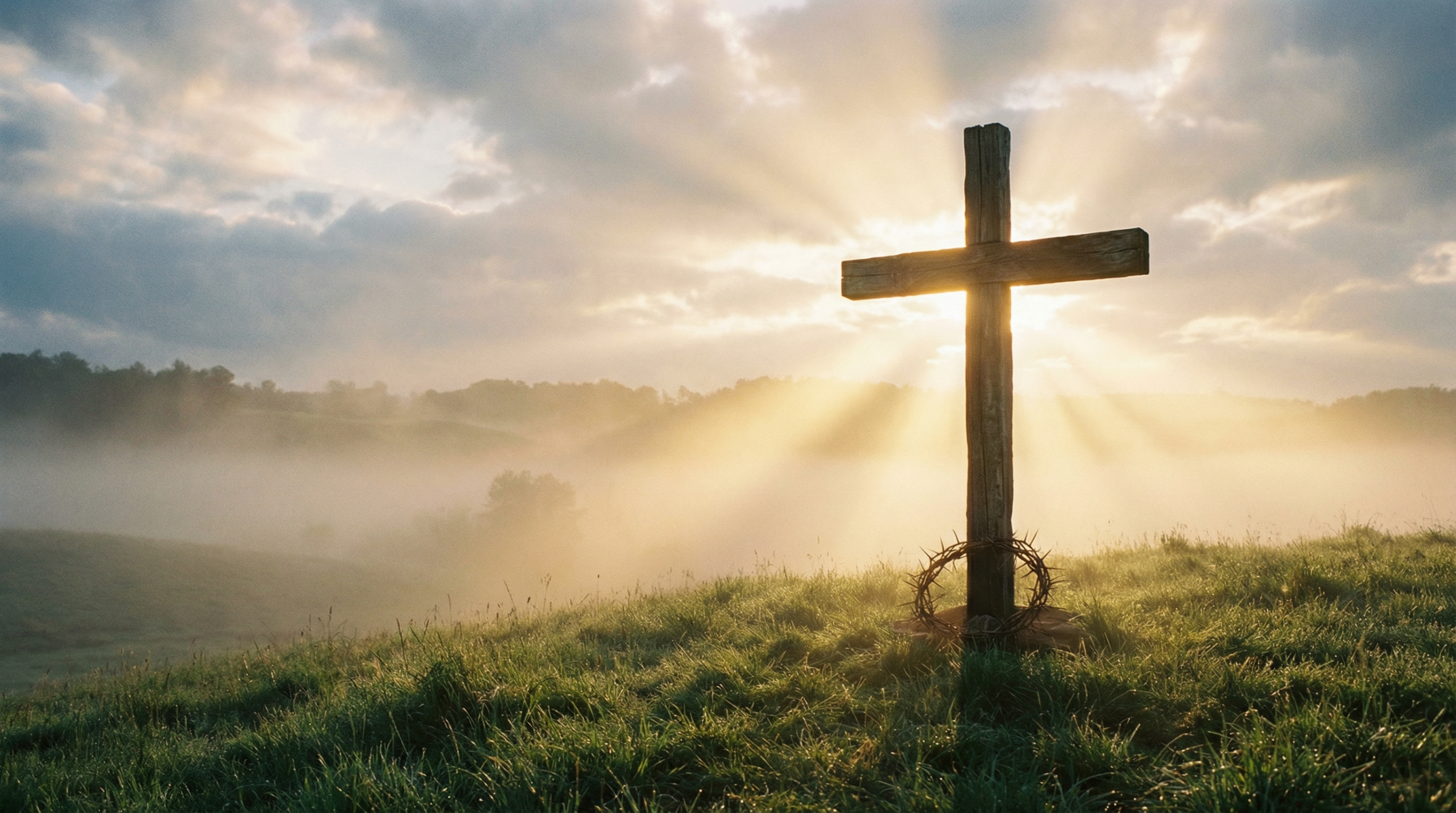 Cruz de madera al amanecer con rayos de luz, simbolizando esperanza