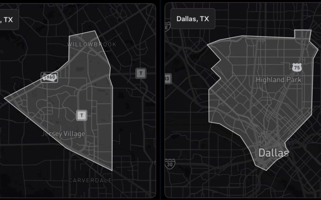 Mapa de las zonas de cobertura inicial del Robotaxi de Tesla en Houston y Dallas