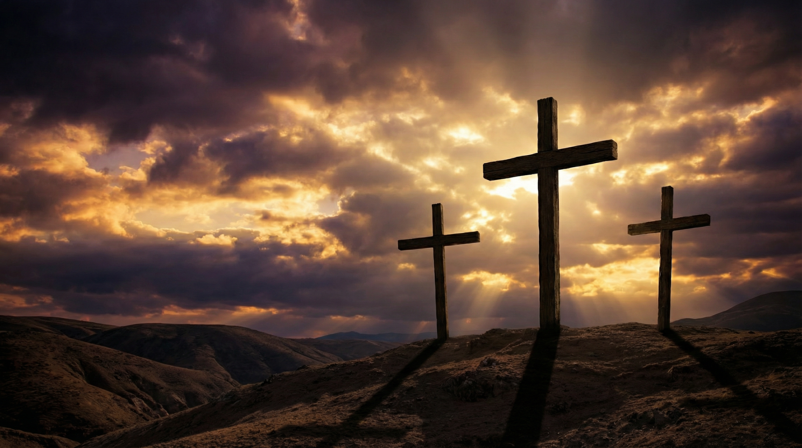 Tres cruces en una colina al atardecer, simbolizando la crucifixión en el Viernes Santo