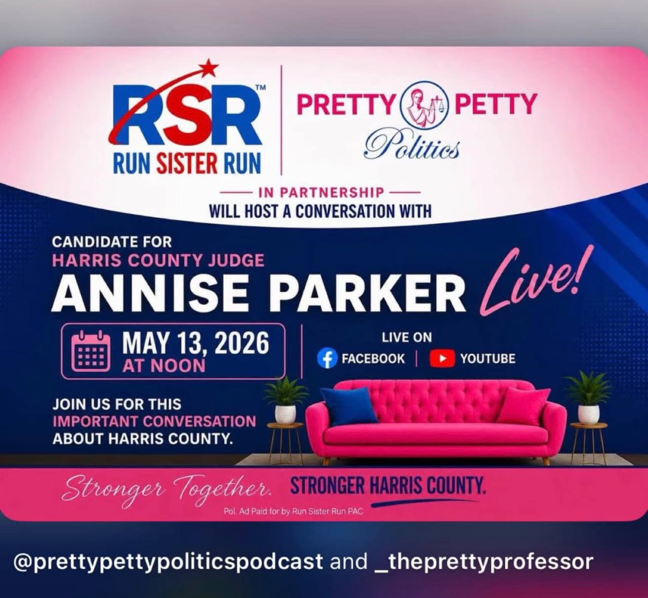 Flyer de Run Sister Run y Pretty Petty Politics - Conversacion con Annise Parker 13 de mayo