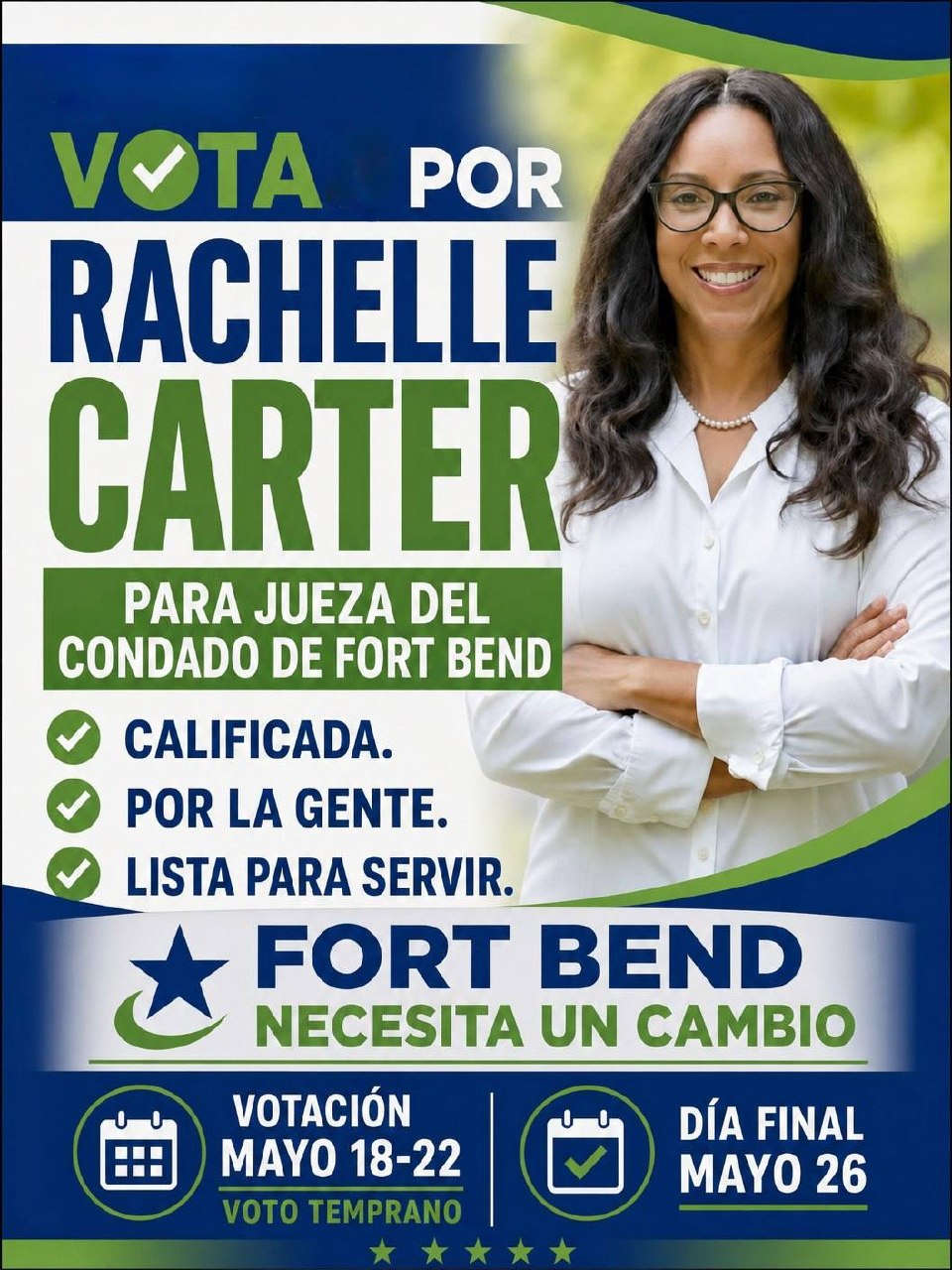Volante de campaña en español Vota por Rachelle Carter para Jueza del Condado de Fort Bend