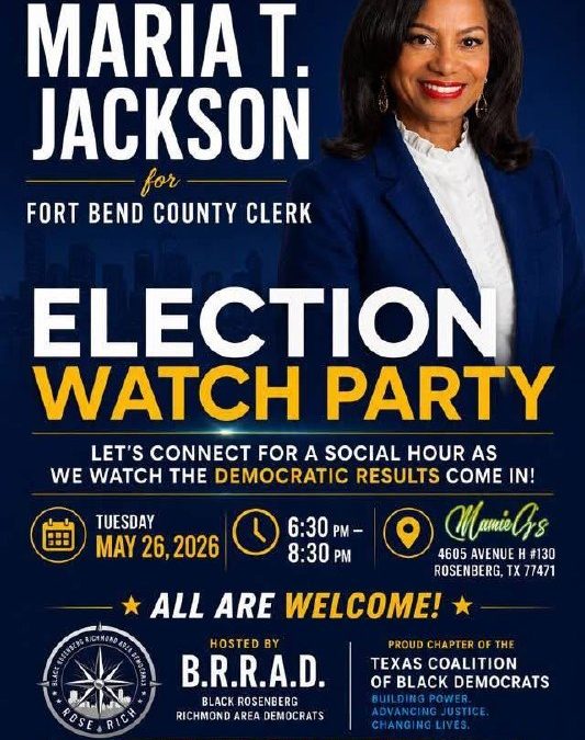 Volante de Election Watch Party diseño azul marino y dorado con retrato de Maria T. Jackson