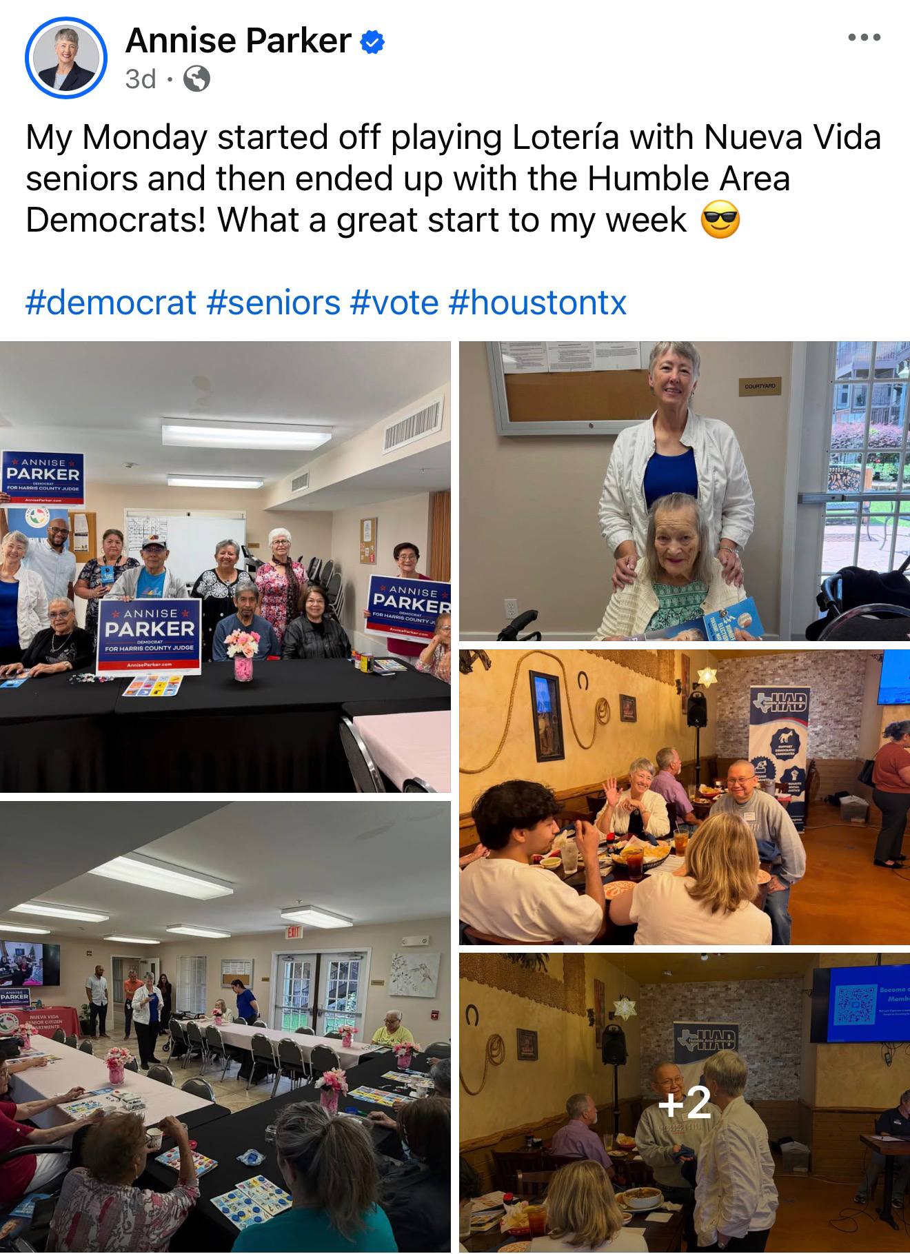 Publicación de Facebook mostrando a Annise Parker jugando Lotería con adultos mayores de Nueva Vida y en la reunión de Humble Area Democrats
