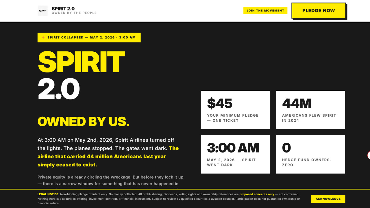 Sitio web de la campaña Spirit 2.0 para comprar Spirit Airlines